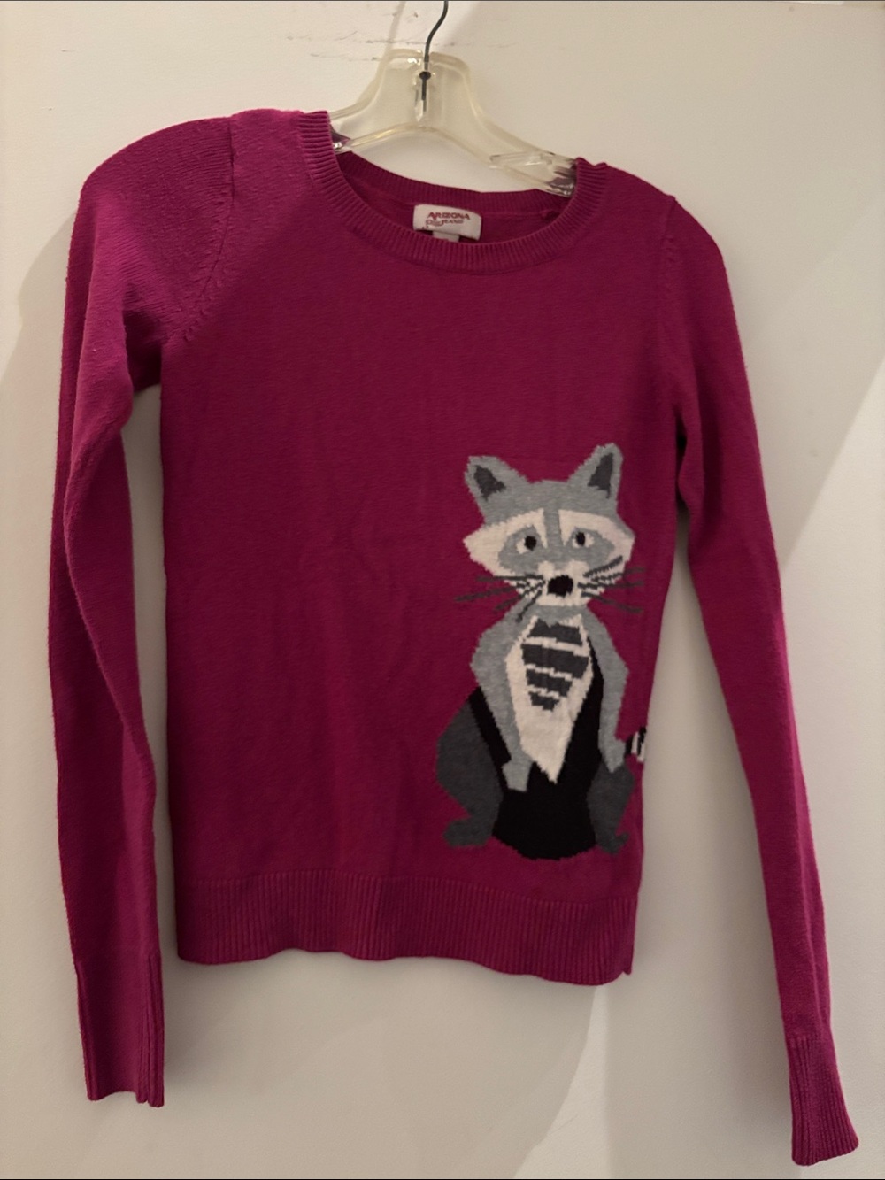 Arizona Jean Company Fuchsia Crewneck Sweater with Raccoon Intarsia